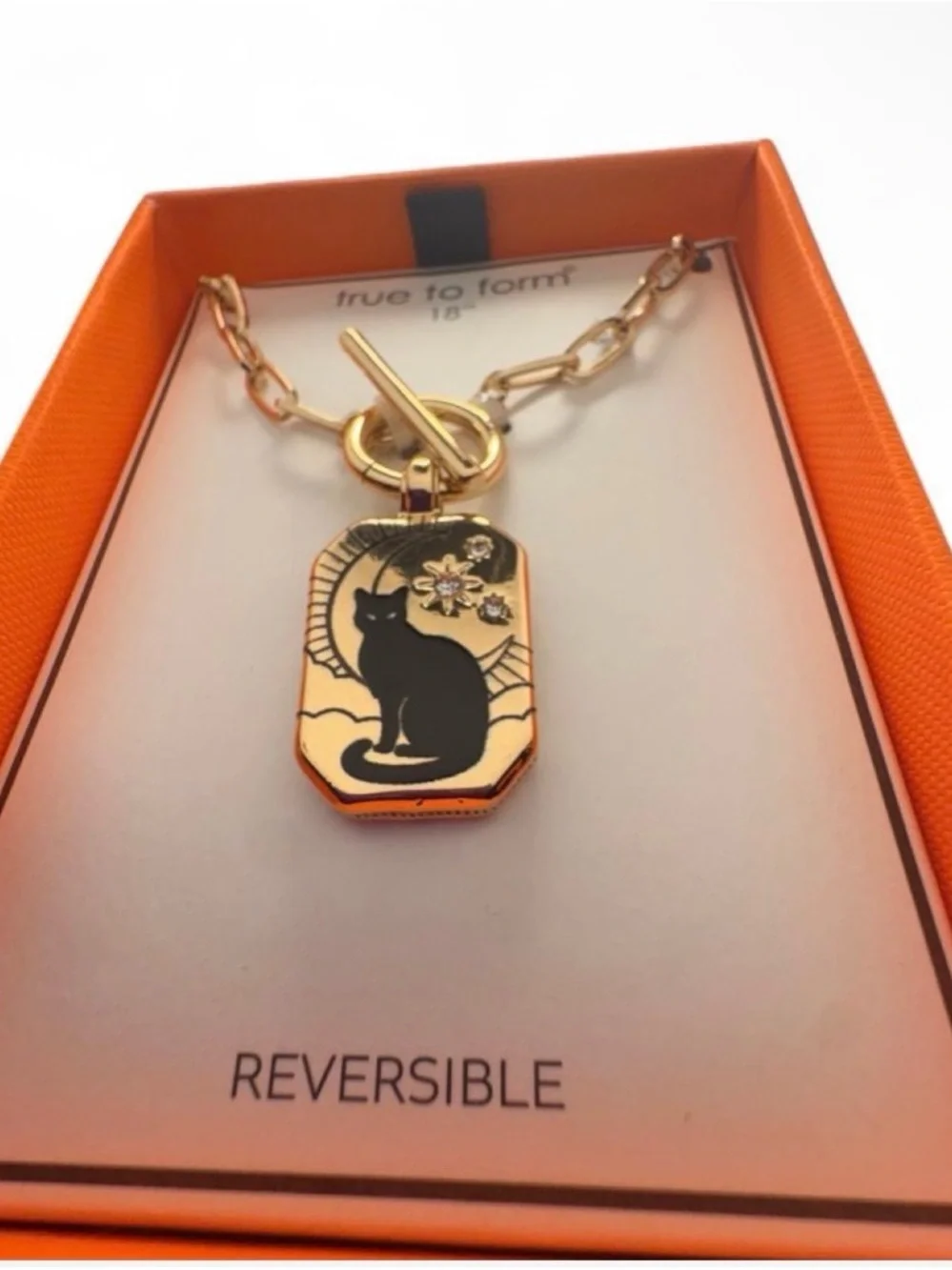 Gold-Tone Cat Pendant Necklace with Black Cat Accent Reversible